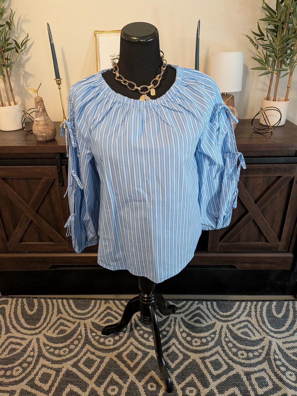 Striped Light Blue Tie-Sleeve Blouse